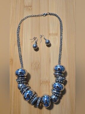 ⚔️Only The Brave Silver Chunky Large Bead Rhinestone Ring Necklace Set